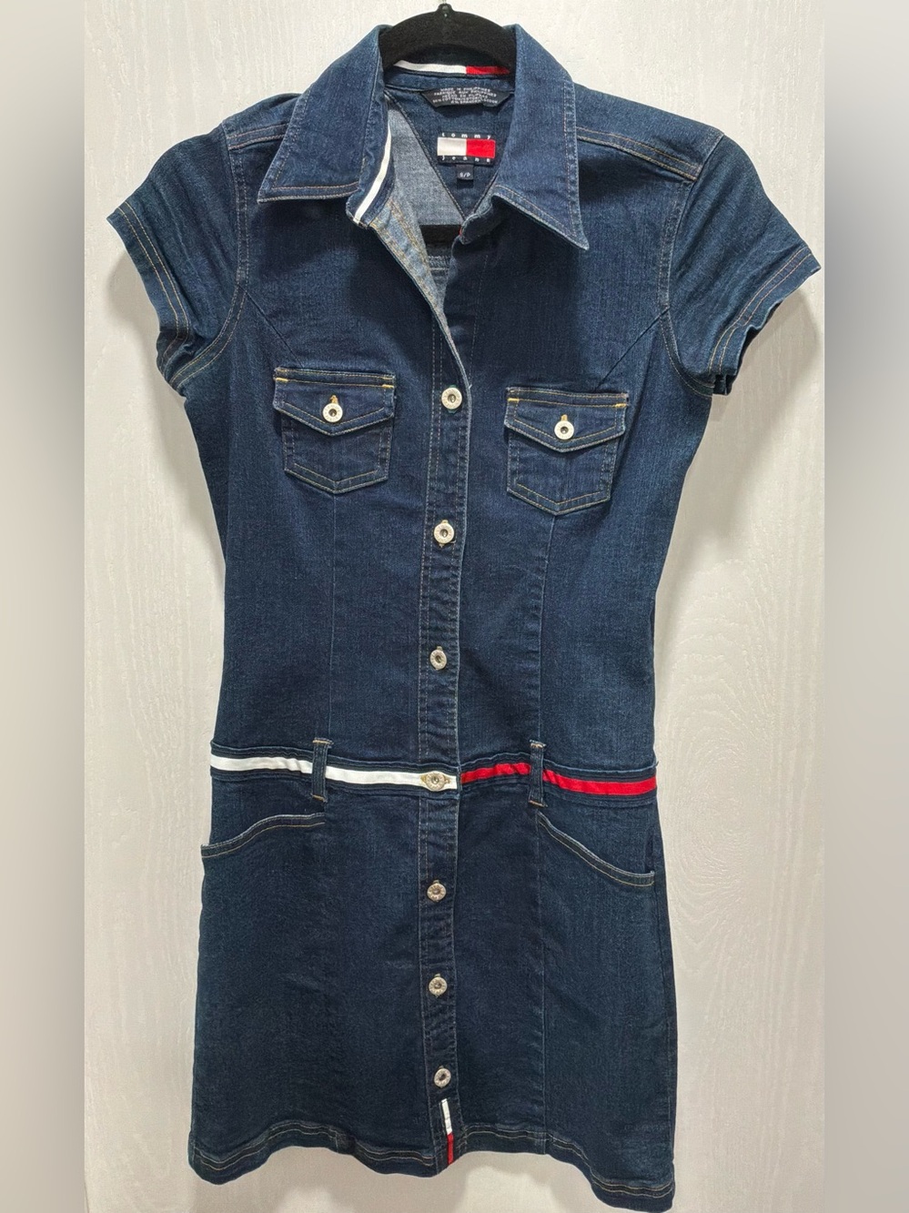Tommy Hilfiger Navy Denim Button-Down Dress with Red & White Trim
